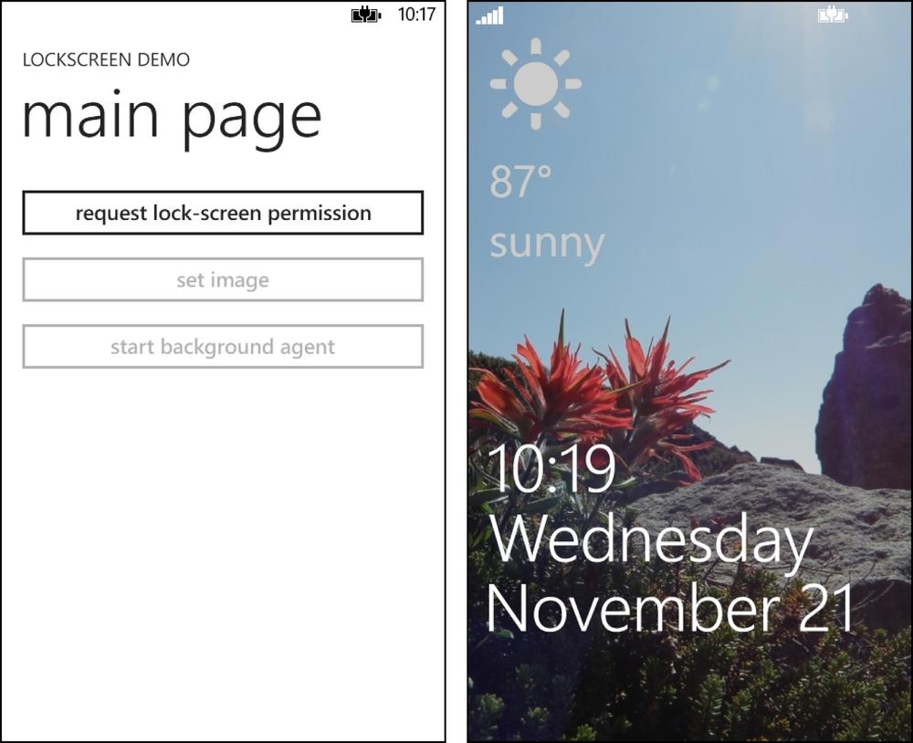 Two screenshots, side by side. The screenshot on the left shows the app with three buttons. The screenshot on the right shows the lock screen that is now using the custom background image.