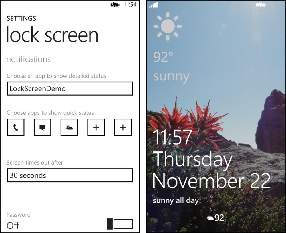 Two screenshots, side by side. The screenshot on the left shows the standard phone Settings page for selecting lock-screen providers. The screenshot on the right shows a custom lock screen which includes custom text, an icon, and a count.