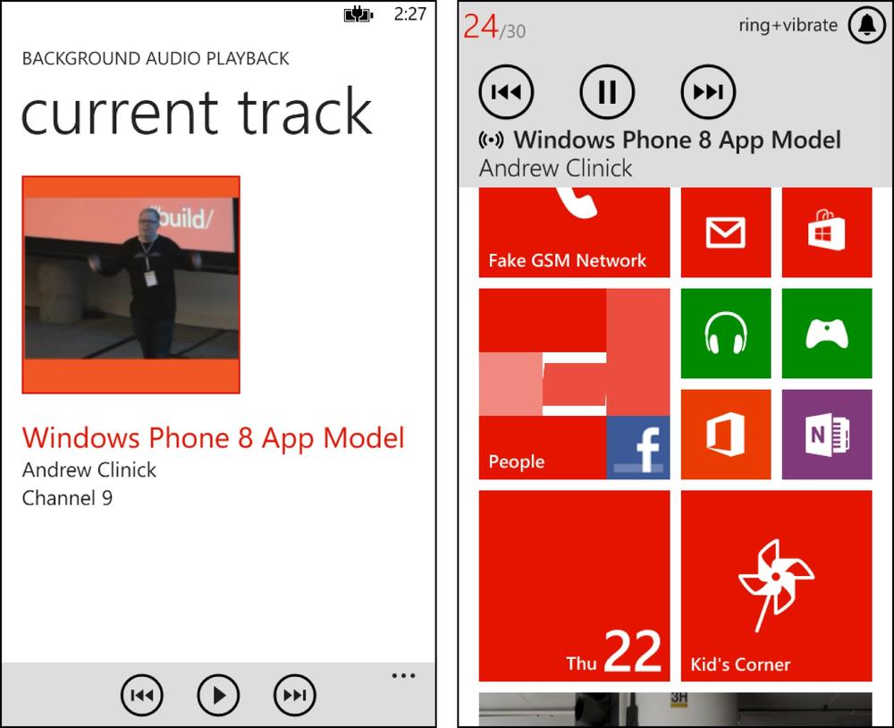 Two screenshots, side by side. In the screenshot on the left is the main app with album art and track information. In the screenshot on the right is the UVC overlaid on the Start screen, showing the current track information.