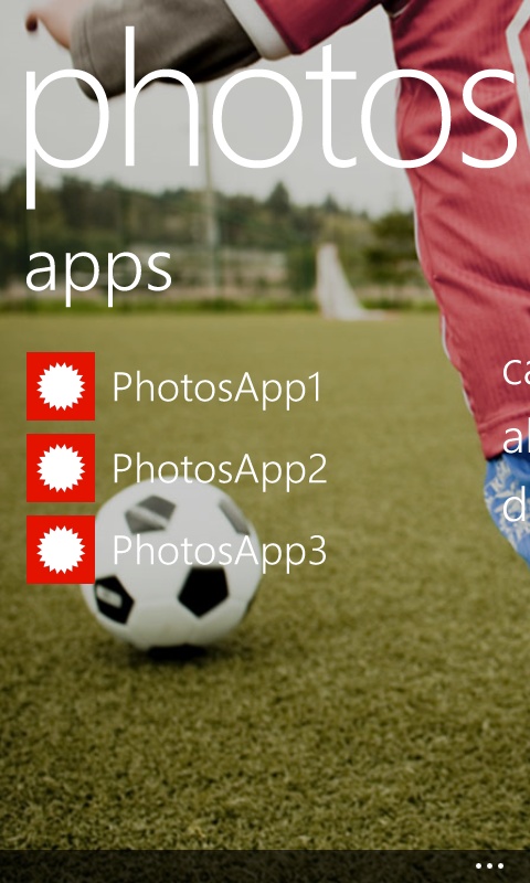 A screenshot of the apps pivot in the Photos Hub. There are three apps listed, named PhotosApp1, PhotosApp2, and PhotosApp3.