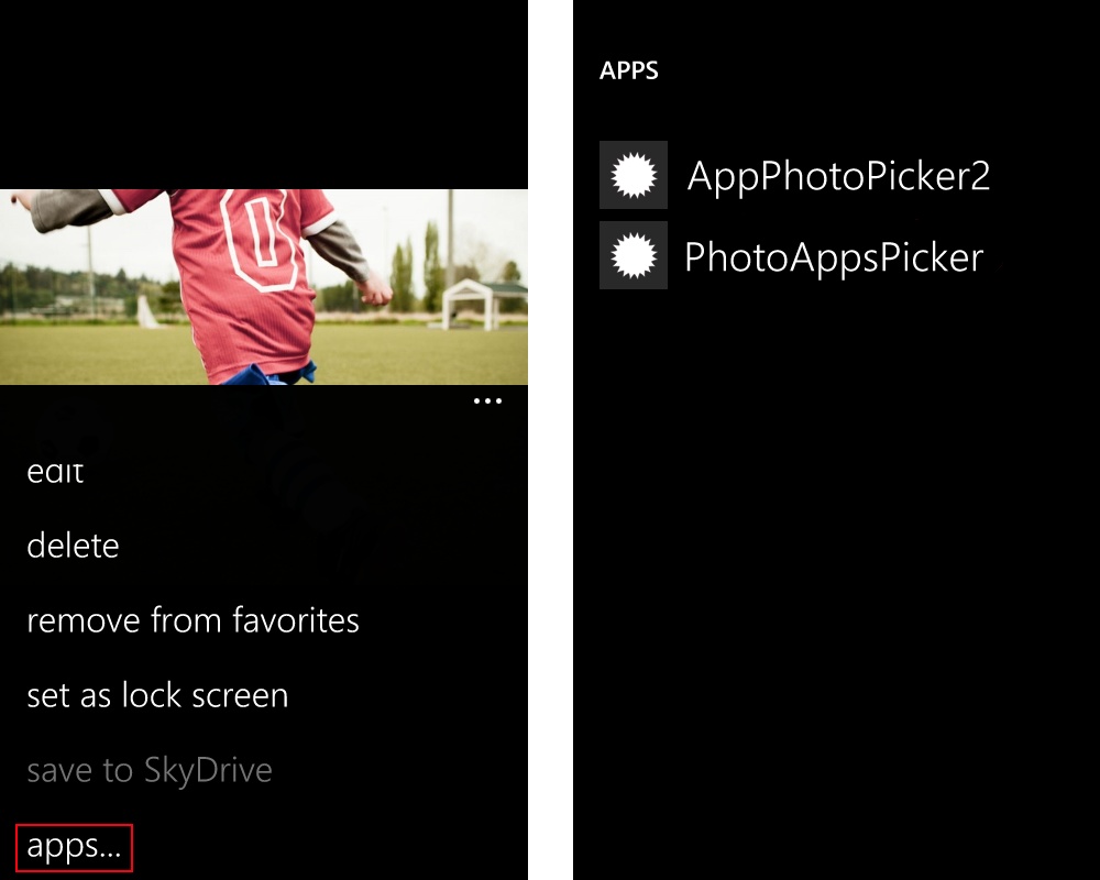 Two screenshots are shown. On the left is the photo viewer, with the app bar menu expanded. On the right, the list of registered apps is shown, with one of the apps again highlighted for emphasis.