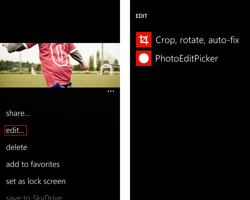 Two screenshots of the photo viewer are shown. On the left, the app bar menu is expanded and the edit link is highlighted. On the right, the app picker for the edit action is shown, with the list of available apps.