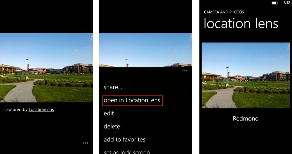 Three screenshots are shown. On the left is a photo captured by the lens shown in the built-in photo viewer, with a label “captured by LocationLens.” In the middle, the app bar menu is open, showing an option to “open in LocationLens.” On the right is a screenshot of the LocationLens app displaying the same photo, with the label “Redmond” below it, showing where the image was captured.