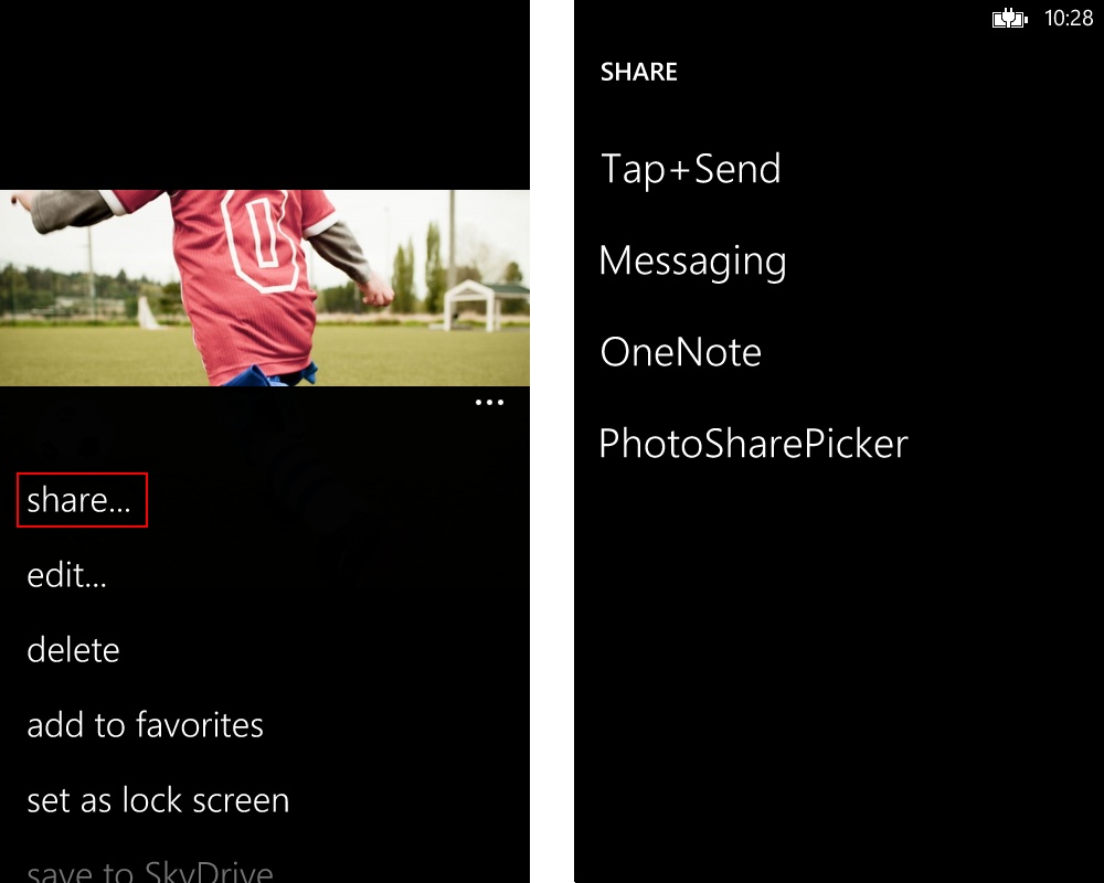 Two screenshots are shown. On the left is the photo viewer, with the app bar menu expanded and the “share” link highlighted. On the right is the share picker, with the PhotoSharePicker sample app highlighted.