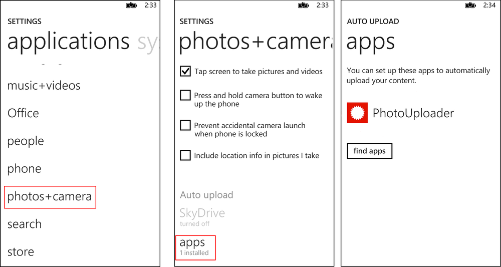 Three screenshots are shown to illustrate how the user can view and manage the apps that have registered for auto-upload. On the left is the applications pivot from the settings app, highlighting the photos+camera entry point. In the middle, the photos+camera settings page is shown, which includes a section at the bottom for Auto Upload and includes a button labeled apps. Finally, on the right is shown the auto-upload apps page, with the PhotoUploader app from the sample code listed.