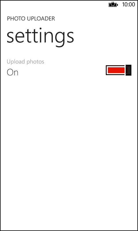 A screenshot of the settings page for the Photo Uploader app is shown. It includes a single toggle switch labeled “Upload photos,” which is set to on.