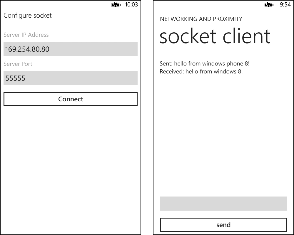 Two screenshots of the SocketClient app, side by side. On the left is the configuration screen, where the details from the Windows 8 app are entered. On the right is the main page of the app, showing the messages sent back and forth between the phone app and the Windows app.