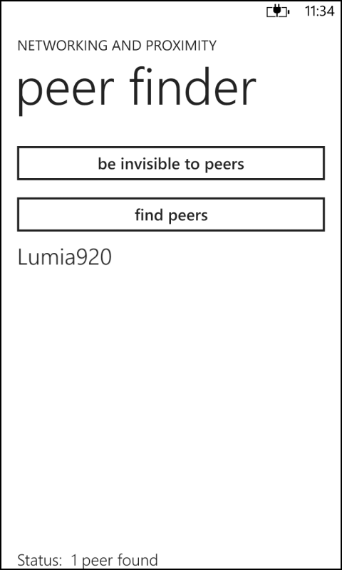 A screenshot of the SimplePeerFinder app. One peer device, named Lumia920, is shown in the list and the status at the bottom of the screen shows “1 peer found”.