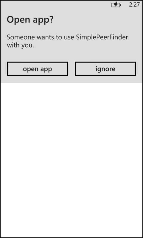 A screenshot showing the “Open app” prompt displayed when a device with an app seeking peers is tapped to another with the same app installed.i