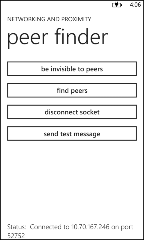 A screenshot of the SimplePeerFinder app with a new button, labeled “disconnect socket.”