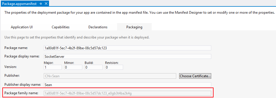 A screenshot of the Windows 8 app manifest editor in Visual Studio. The Package Family Name field is highlighted.