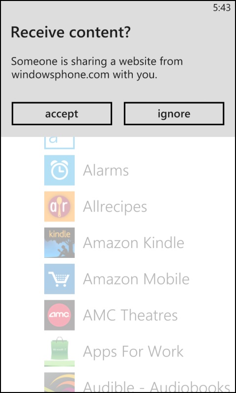 A screenshot of the consent dialog shown when a device is tapped against a static NFC tag containing a URI.