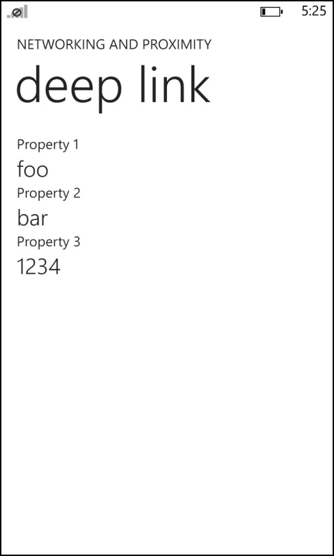 A screenshot of the DeepLinkPage, showing the values parsed from the URI shared by proximity.