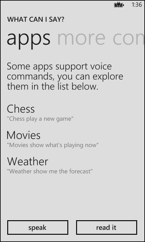 A screenshot of the apps pivot in the GSE. The screen shows three apps: chess, movies, and weather and each includes an example voice command that can be used with that app.