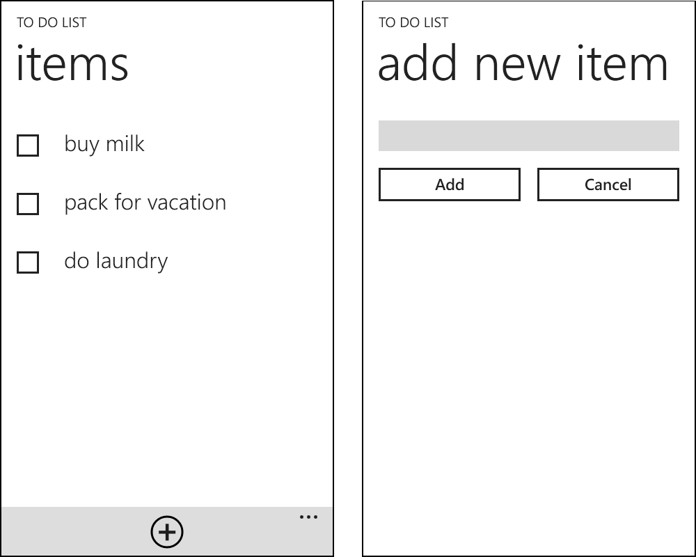 Two screenshots of the ToDoList app. The left screenshot shows the main page, with three sample items – buy milk, pack for vacation, and do laundry. Each has an empty checkbox next to it indicating that it has not been completed. The right screenshot shows the page for adding a new item, with a single text box above add and cancel buttons.