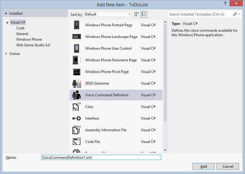 A screenshot of Visual Studio’s Add New Item dialog. The focus is on the Voice Command Definition file.