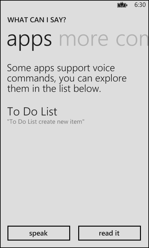 A screenshot of the GSE apps pivot showing the new ToDoList voice command.