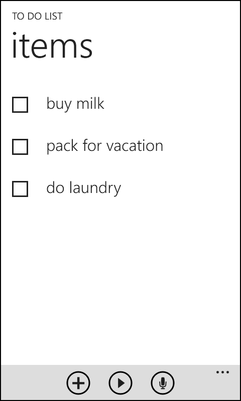 A screenshot of the updated ToDoList main page. It now includes three app bar buttons – one for adding a new item, one for reading out the incomplete tasks, and one for accepting speech input.