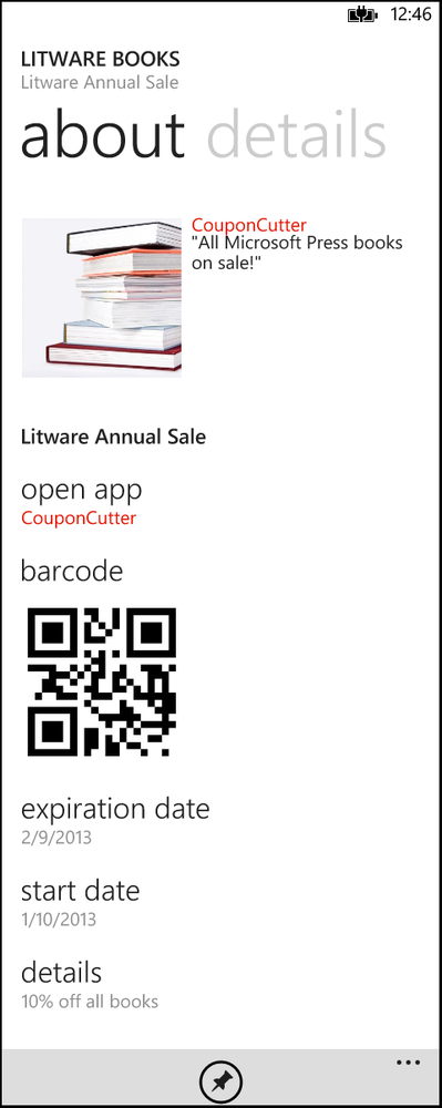 A screenshot of the deal details page in the Wallet Hub. The information provided by the CouponCutter app is displayed.