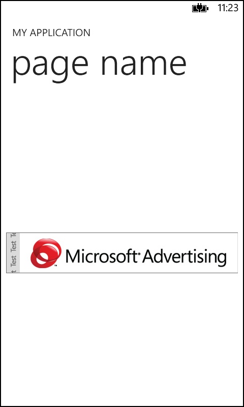 A screenshot of the main page of the default project template with an Ad Control in the middle, showing a placeholder ad for Microsoft Advertising.