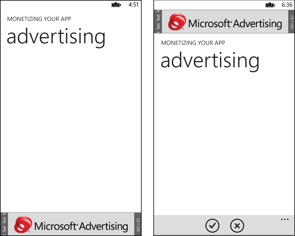 Two screenshots, shown side by side. In the screenshot on the left, the Ad Control is at the very bottom of the screen. In the other, the bottom of the page is occupied by an app bar, so the Ad Control is placed at the top of the screen.