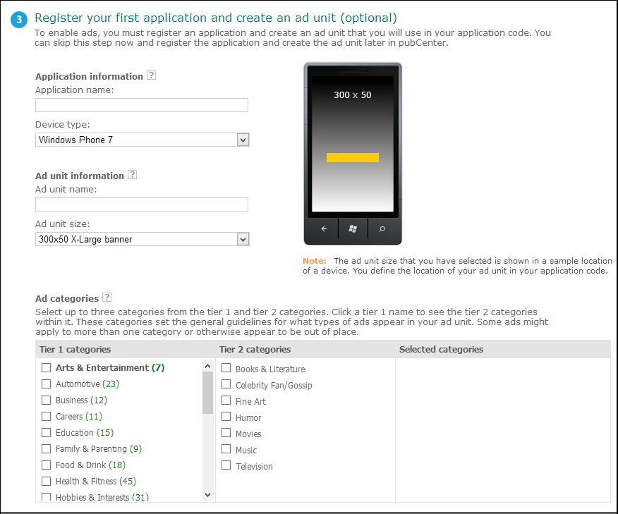 A screenshot of the Microsoft pubCenter, showing the registration page for a new app.