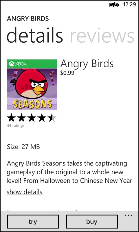 A screenshot of the Windows Phone store showing a paid app with both Try and Buy buttons available.