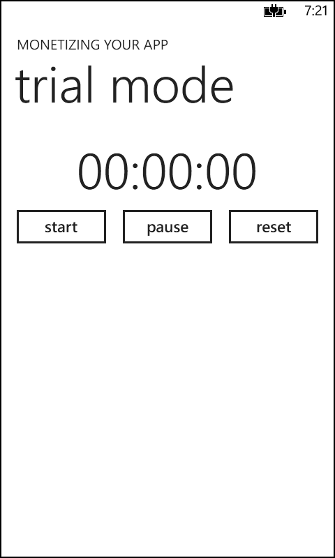 A screenshot of the TrialModeApp, showing a timer with start/pause/reset buttons.