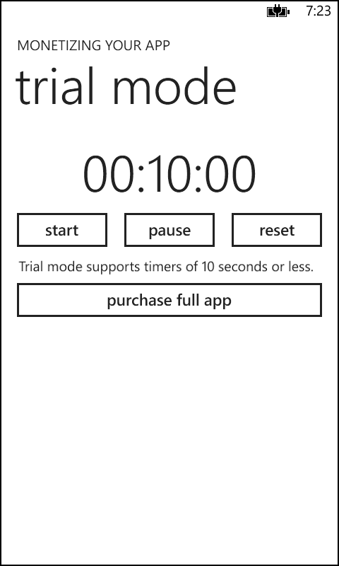 A screenshot of the TrialModeApp showing the upsell message displayed when the timer reaches 10 seconds.