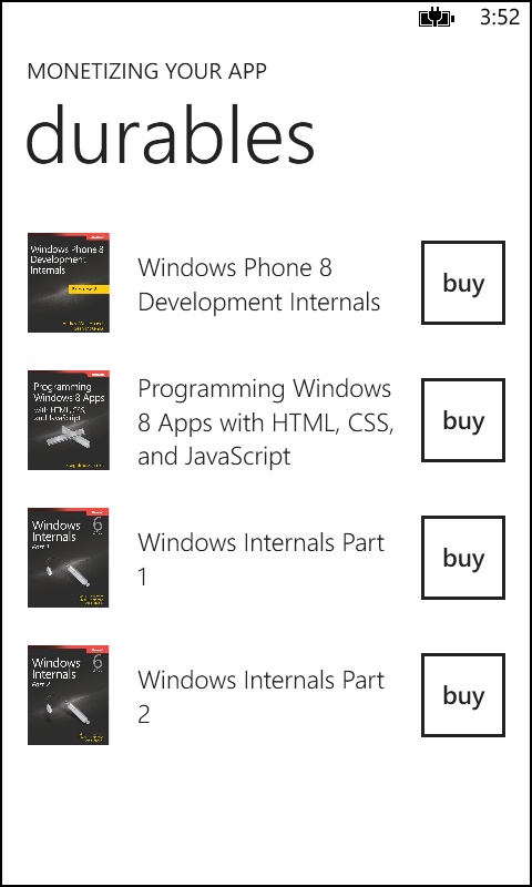 A screenshot of the EbookStore app, showing a list of titles with a “buy” button next to each one.g