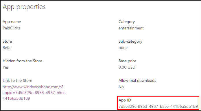 A screenshot of the App Properties section of the Windows Phone Dev Center, showing how you can find the app’s generated ProductID.