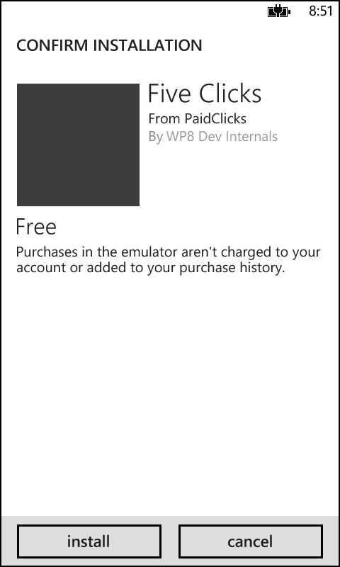 A screenshot of the built-in purchase UI, showing an item from the PaidClicks solution.