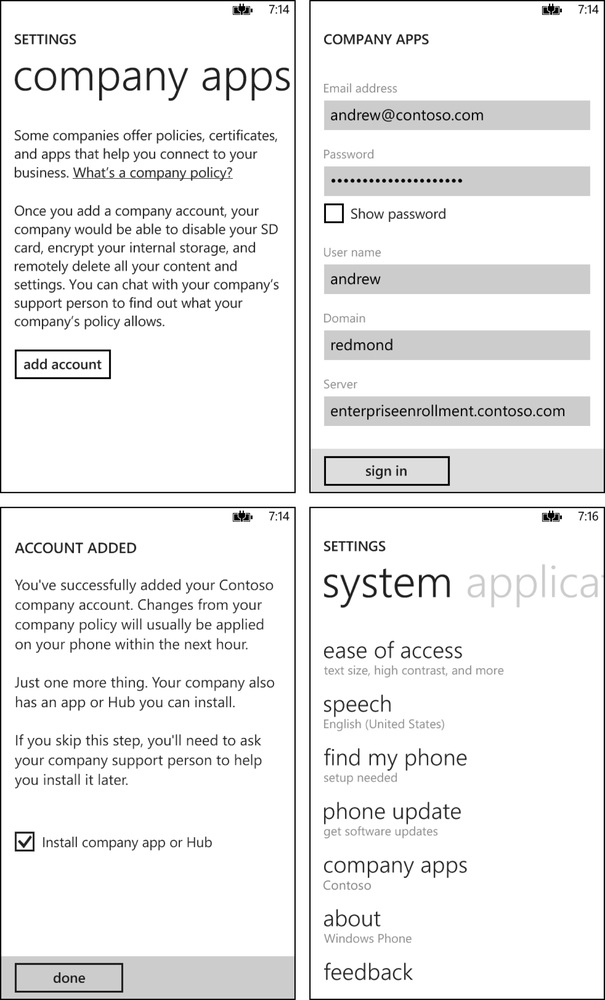 Four screenshots showing the steps to enroll a device in enterprise management. The first screenshot shows the Company Apps page with the Add Account button. The second shows the sign-in page for the user to enter a corporate email address and password. The third shows the Account Added page with a check box selected to install a company hub app. The fourth shows the Settings page with the Contoso app listed under Company Apps.