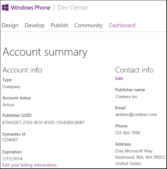 A screenshot of the Windows Phone Dev Center, showing the account summary page for a company account, which includes a Symantec Id.