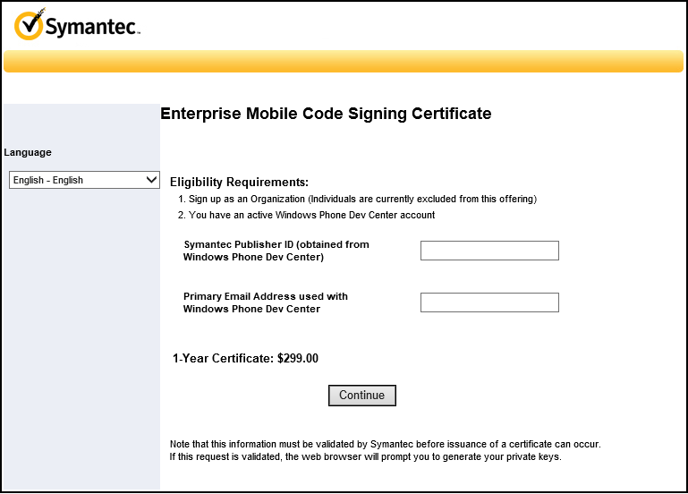 A screenshot of the Symantec website, showing the Enterprise Mobile Code Signing Certificate request form