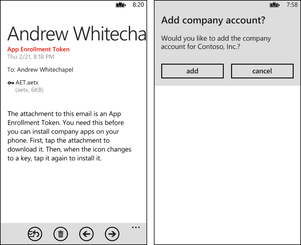 Two screenshots, side by side. In the screenshot on the left is an email showing an AETX file as an attachment; on the right is a message box prompting the user to add the Contoso company account to her phone.