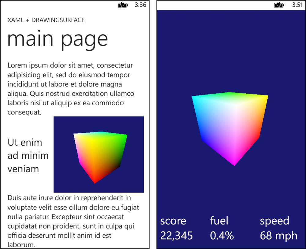 Two app screenshots: on the left is a page using a DrawingSurface child element. On the right, the entire page background is taken up with a DrawingSurfaceBackgroundGrid element.