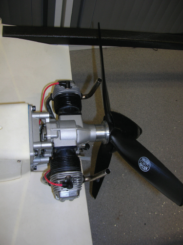 Photo of OS Gemini FT-160 glow-plug engine in pusher configuration.