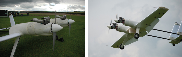 Photos of Twin OS 40 cc GF40 four-stroke engines installed in SPOTTER UAV, with and without engine cowlings.