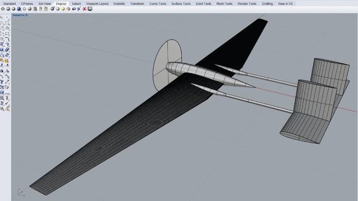 Illustration of Basic AirCONICS airframe geometry for a single tractor engine, twin-boom, H-tail design.