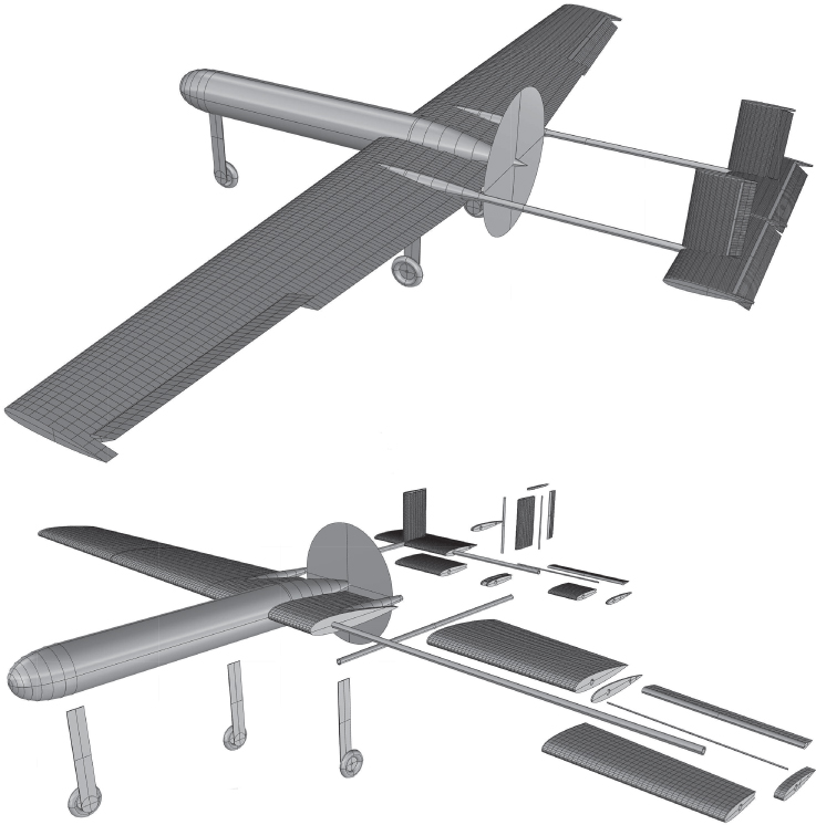 Illustration of AirCONICS model of complete Decode-1 airframe with control surfaces, undercarriage, and propeller disk.