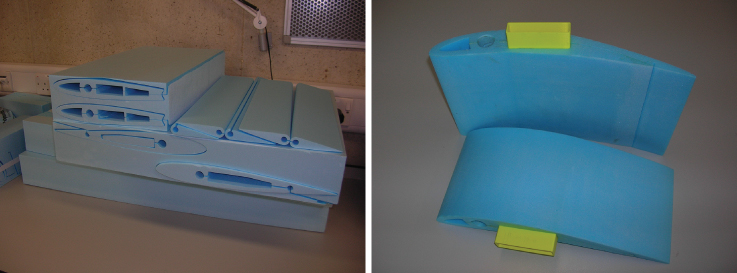 Photos of Hot-wire-cut foam wing parts: (Left) The original material blocks with and without cores removed; (right) with FDM-manufactured ABS joining parts.