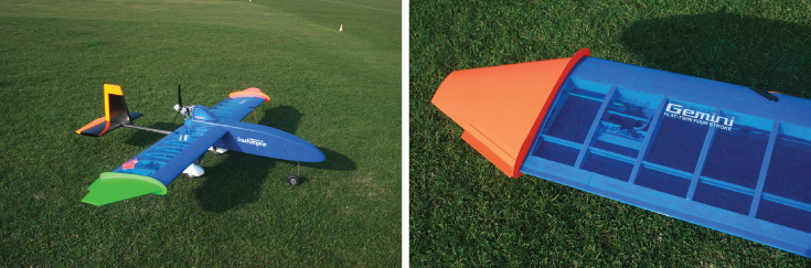 Photos of Aircraft with wings fabricated from laser-cut plywood covered with aero-modeler film.