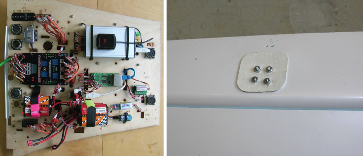 Photos of Avionics base board and servo horn reinforcement made from laser cut plywood.