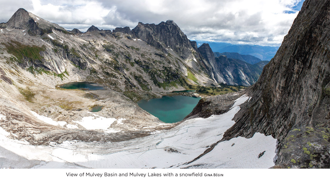 View of Mulvey Basin and Mulvey Lakes with a snowfield Gina Bégin