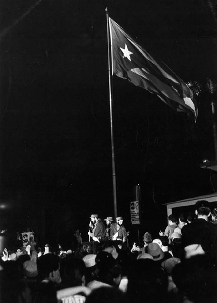 Fidel Castro speaking at Camp Columbia, Havana, January 8, 1959. Camilo Cienfuegos is on Fidel’s right.