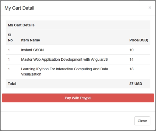 Displaying the cart details in a table