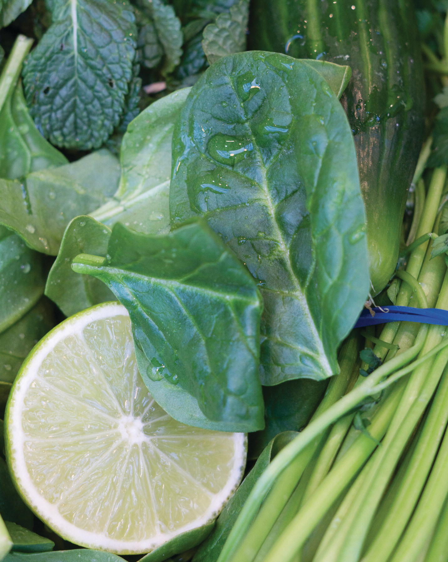 Photo displaying a slice of lime, spinach, mint leaves, a cucumber, and parsley.