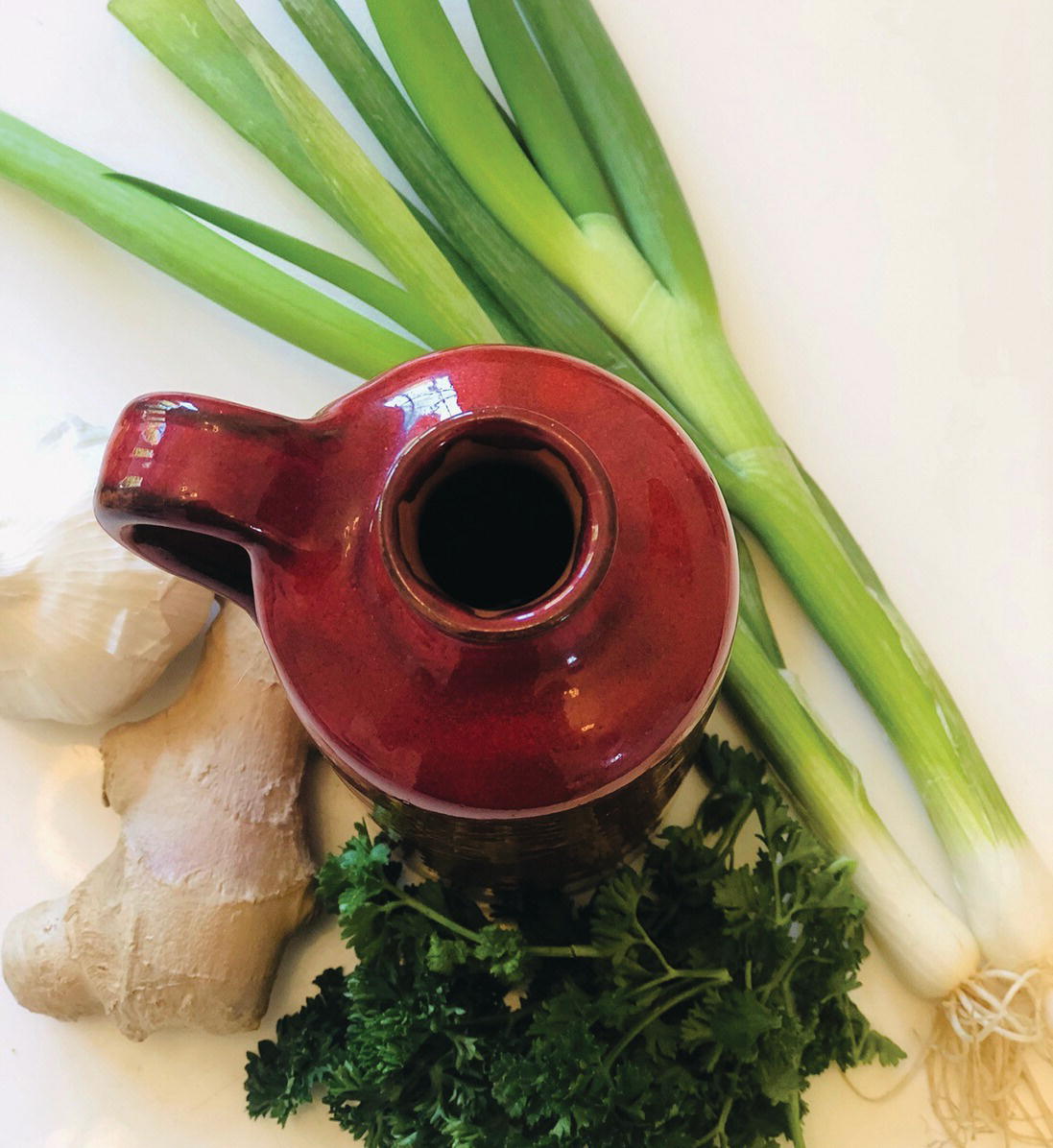 Photo displaying a jar, a bulb of garlic, spring onions, ginger, and fresh parsley.