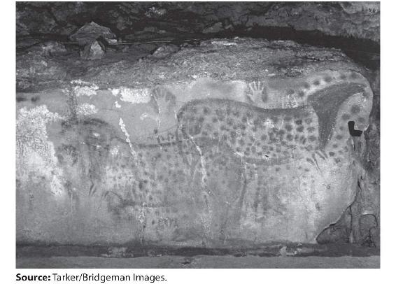 A photo shows a cave painting with two dotted horses and hands on the walls of the cave.